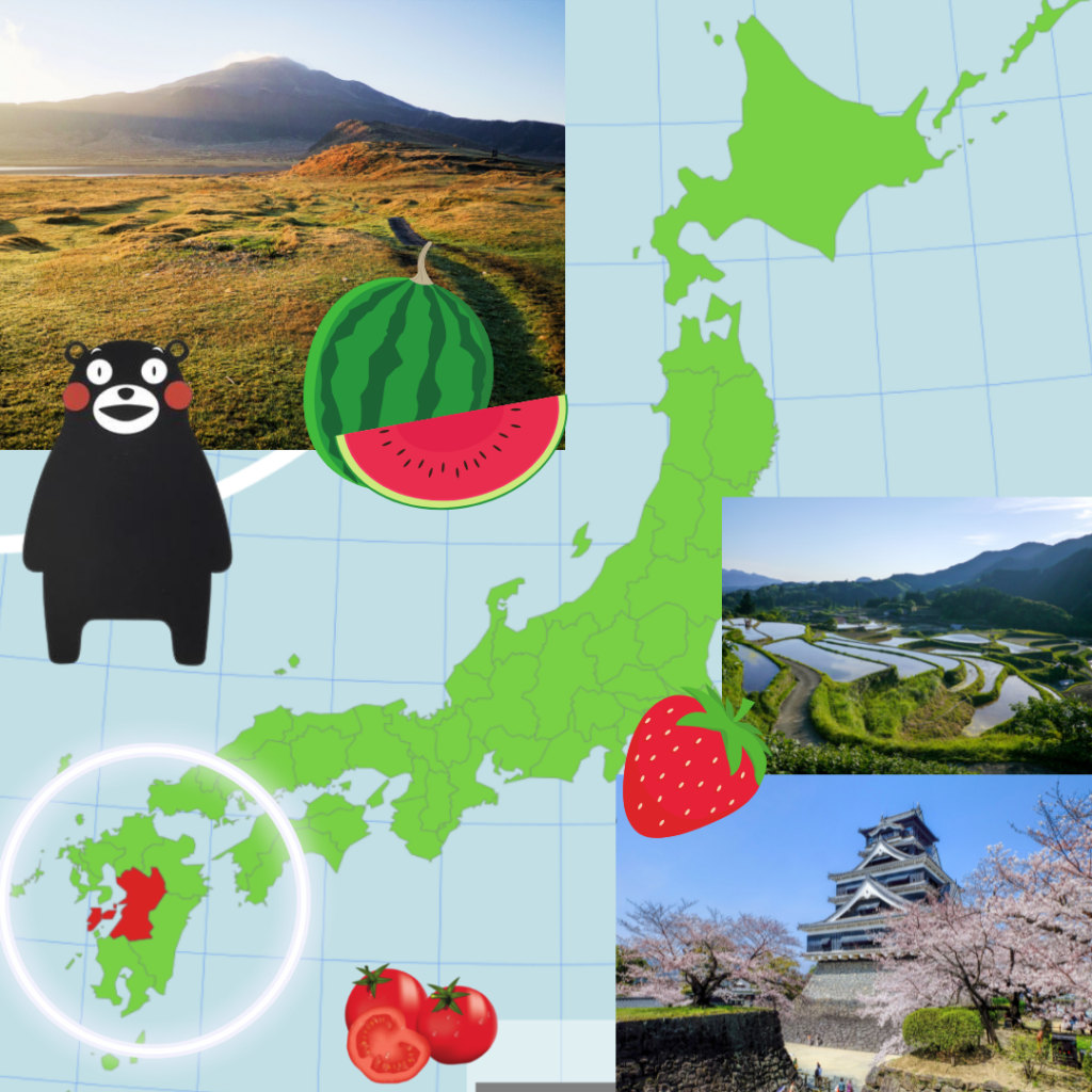 A picture of Kumamoto with watermelons, Kumamoto castle, Kumamon, rice fields and mountains