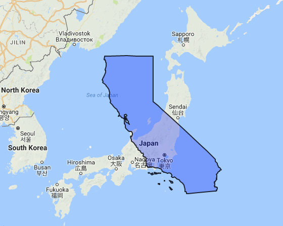 Japan with an outline of California over top of it to demonstrate how small the country is